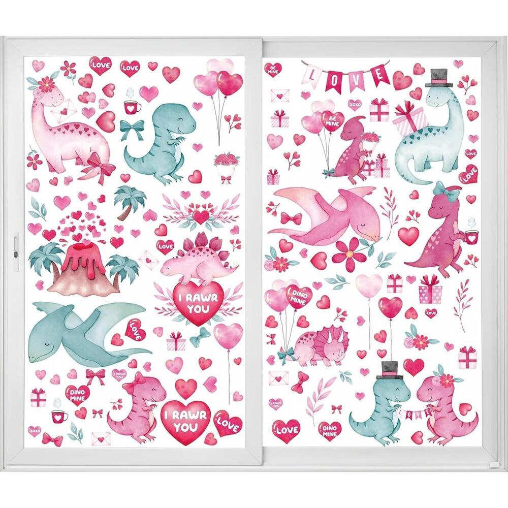 Valentine's Day Kids' Window Clings Pastel Dinosaurs Stickers Decals Classroom